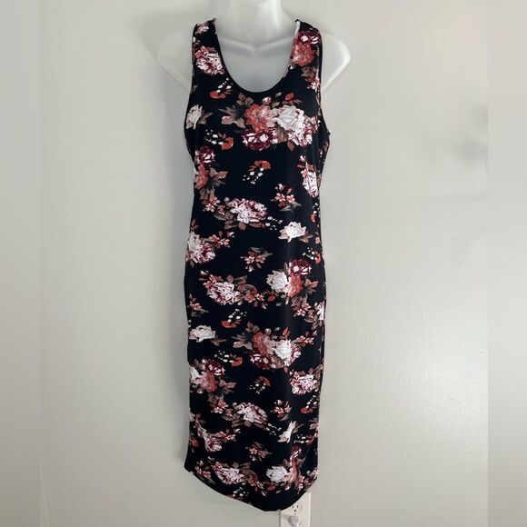 Spark Black Floral Print Midi Form Fitting Sleeveless Dress Size Large - Picture 1 of 7